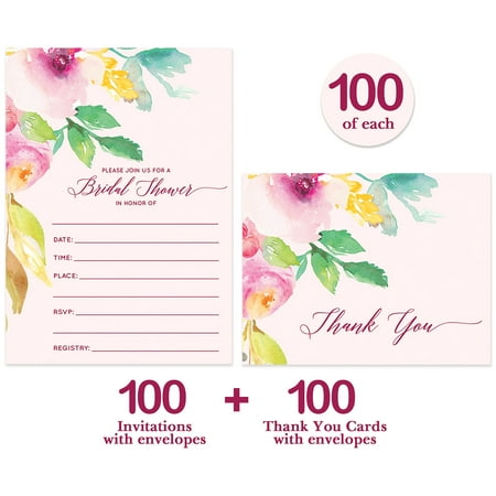 Bridal Shower Invitations & Matching Thank You Cards Set with Envelopes ( 100 of Each ) Blush Pink Floral Fill-in Party Invites & Folded Thank You Notecards Best Value Invite & Notes