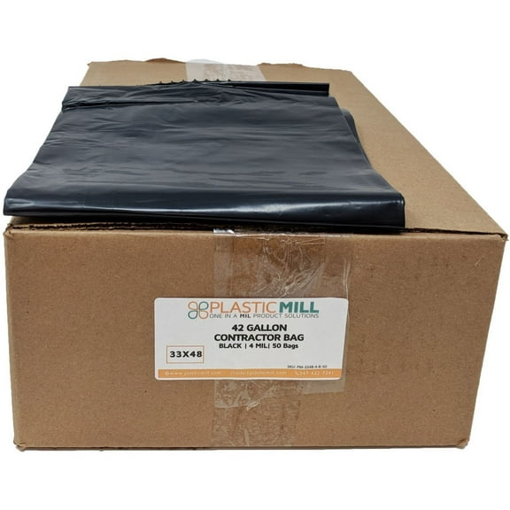 PlasticMill 42 Gallon, Black, 4 MIL, 33x48, 50 Bags/Case, Garbage Bags / Trash Can Liners.
