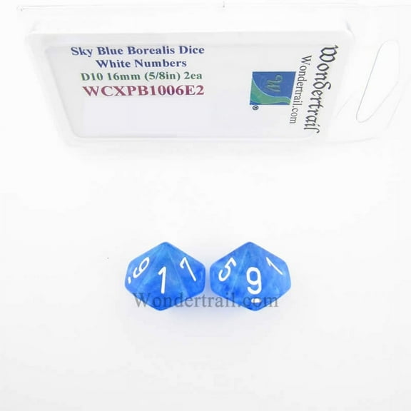 Sky Blue Borealis Dice with White Numbers D10 Aprox 16mm (5/8in) Pack of 2 Wondertrail