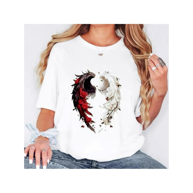 Women's Polyester Crew Neck T-Shirt, Casual Style, Regular Length, Knit Fabric, with Faith Two Color Wings Print, for All Seasons, Short-sleeved, Round Neck, Women's ClothingFather's Day, Mother's D
