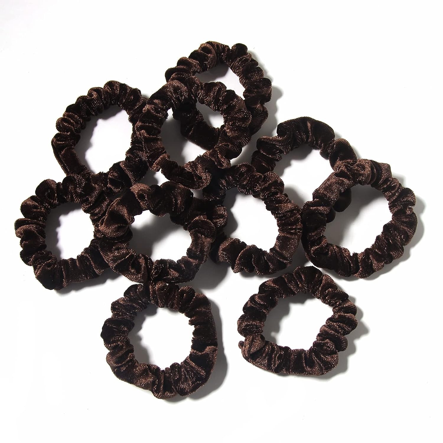 -Pack of 10 Small Velvet Scrunchies for Women Hair Accessories, Mini Thin Elastic Hair Ties for Thick and Thin Hair, Coffee