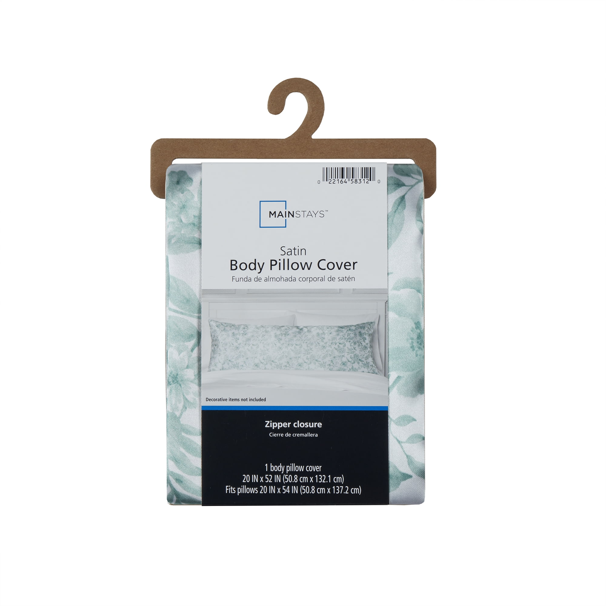 Mainstays Satin Body Pillowcase, Green Floral, 20 in x 52 in, 1 Pack