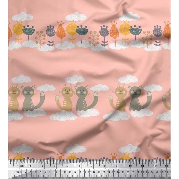 Soimoi Rayon Crepe Fabric Floral,Clouds & Cat Kids Print Sewing Fabric Yard 46 Inch Wide
