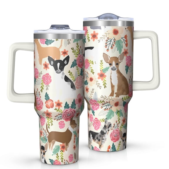OBREWU Chihuahua Dog and Flower Tumbler with Handle and Lid,Chihuahua Dog and Flower 40oz Double Wall Vacuum Insulated Tumbler,Cups Gift for Women and Men