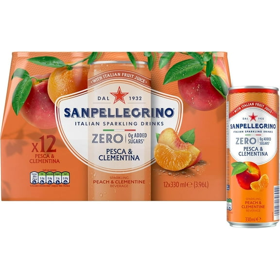 San Pellegrino Italian Sparkling Drinks Zero Sparkling Peach & Clementine, 12 Cans