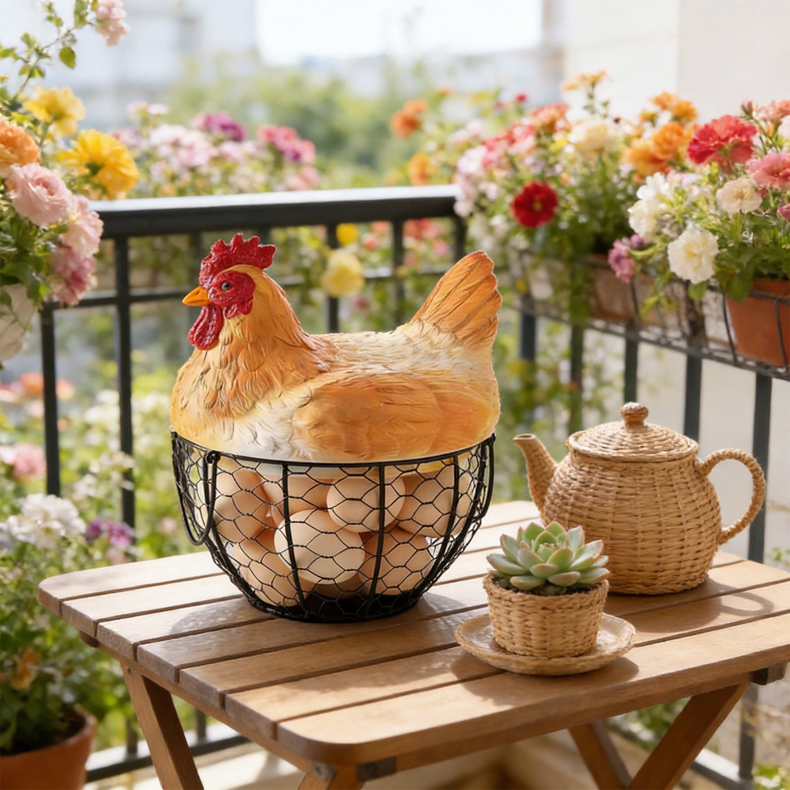 Chicken Egg Basket, Resin Egg Collection Baskes with Ceramic Lid for Gathering Fresh Eggs, Chicken Egg Holder, Decorative Farmhouse Cute Eggs Storage Container for Kitchen, Countertop(Brown)