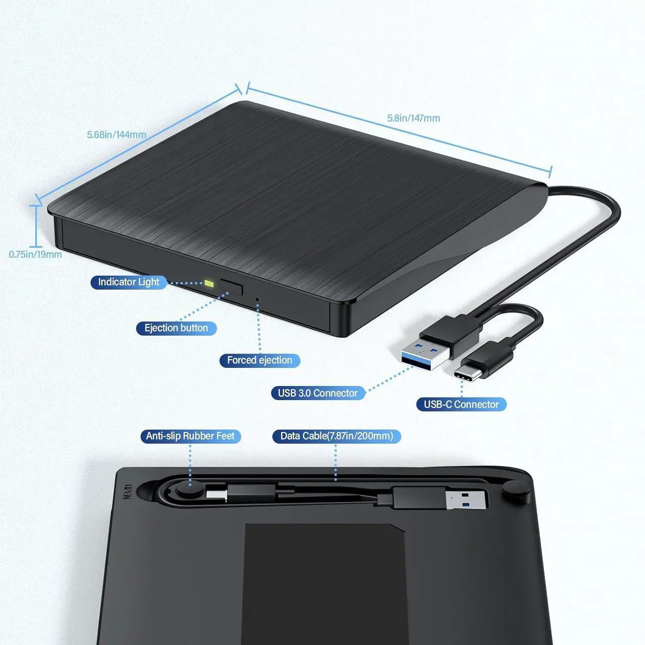 External Blu-ray Drive, Portable Blu-ray Player & CD DVD Burner USB 3.0 & Type-C BD/DVD/CD Reader, Plug and Play, Lightweight for Windows/Mac/Linux (2 in 1)