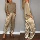 thumbnail image 5 of Conjunto de dos piezas de satén para mujer, traje holgado informal, Camiseta con cuello redondo, pantalones largos, chándal elegante, moda de primavera y verano, 5 of 5