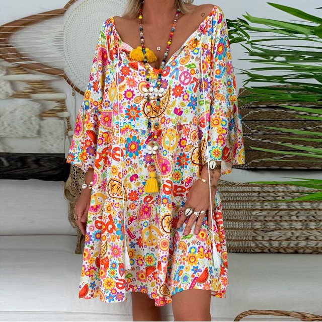 Jienlioq Robe Formelle pour Femmes Robe Ample à Imprimé Floral Manches Trois-Quarts Mini Robe d'Été