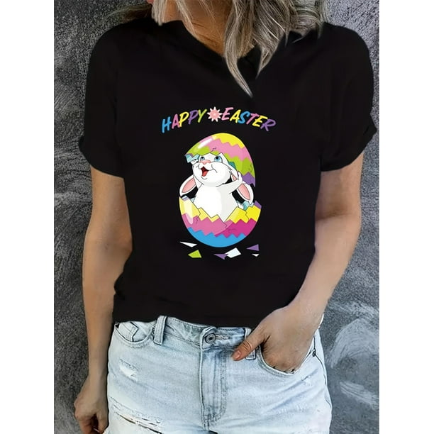 Easter Bunny Print T-shirt, Casual Crew Neck Short Sleeve Top For Spring & Summer, Women's Clothing Tee For Adult, Men, Women, Teen, Teenager, Adolescent, Youth.