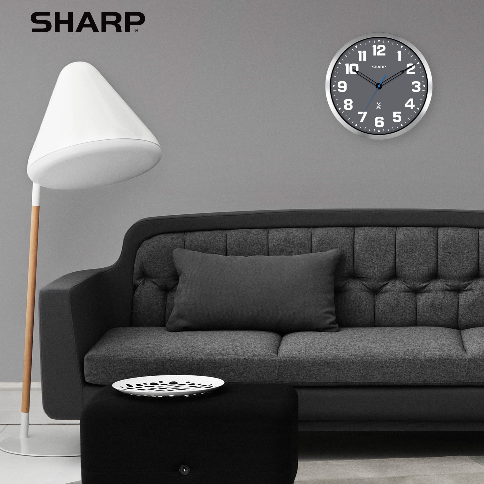 Sharp Atomic Analog Wall Clock - 12" Grey Face Silver Finish Auto Set Battery Opp Modern Design