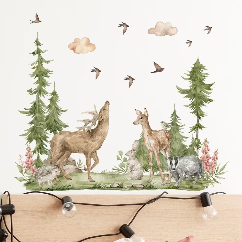 Mountain Tree Wall Stickers Large Pine Tree Forest Animal Wall Decals deer Wall Stickers and Stick Wall Art Decals for Kids Room Baby Nursery Bedroom