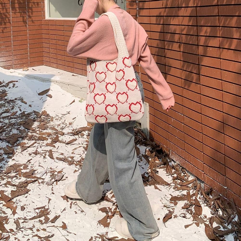 CAILDANL Crochet Tote Bag Cute Aesthetic Hobo Bag Hearts Pattern Knitted Shoulder Bag Hollow Beach Bag for Women