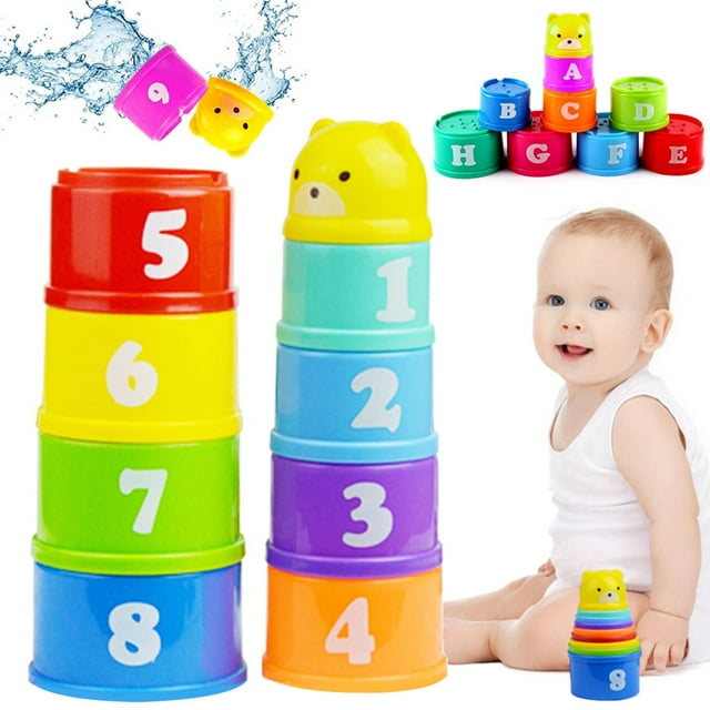 9Pcs Stacking Cup Toys Baby Plastic Cups with Letters And Numbers Learning Activity Nesting Cups Colorful Stacking Cups Game Toy Toddler Montessori Toys for kids Baby