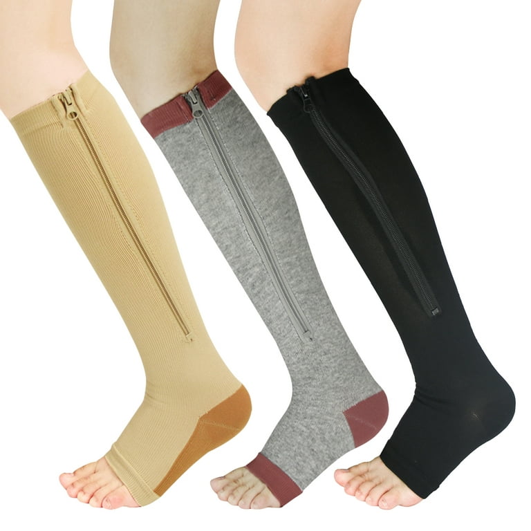 YUSHOW 3 Pairs Zipper Compression Socks Women with Open Toe Toeless Support  Stockings