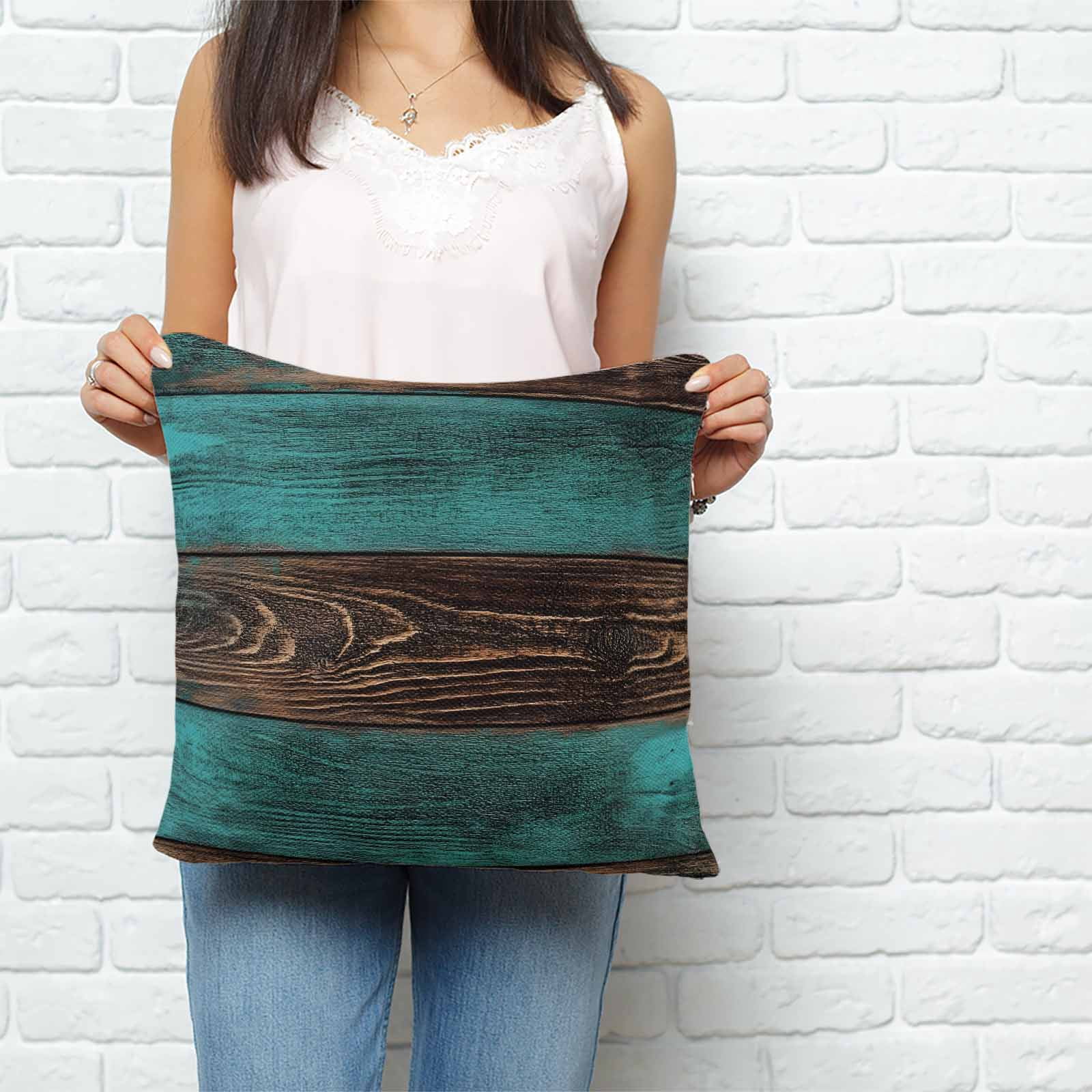 Throw Pillow Covers 26x26 Inch, Teal Brown Wood Decorative Pillow Cases for Couch Sofa Bed, Vintage Simple Chic Board Cotton Linen Square Home Decor Pillowcases with Hidden Zipper