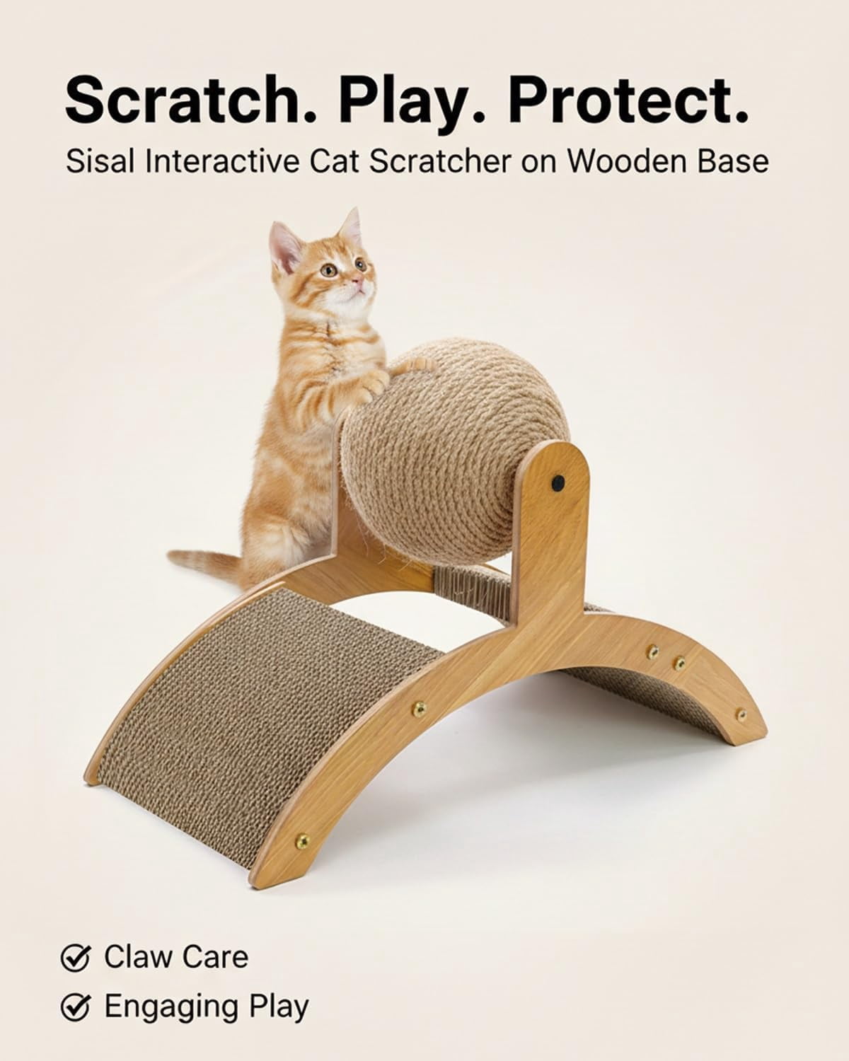 Cat Scratching Ball with Stand, 360° Rotating Sisal Ball Interactive Cat Scratcher, Arch Bridge Design Cat Scratching Post for Indoor Cats, Furniture Protector for Cats(L)