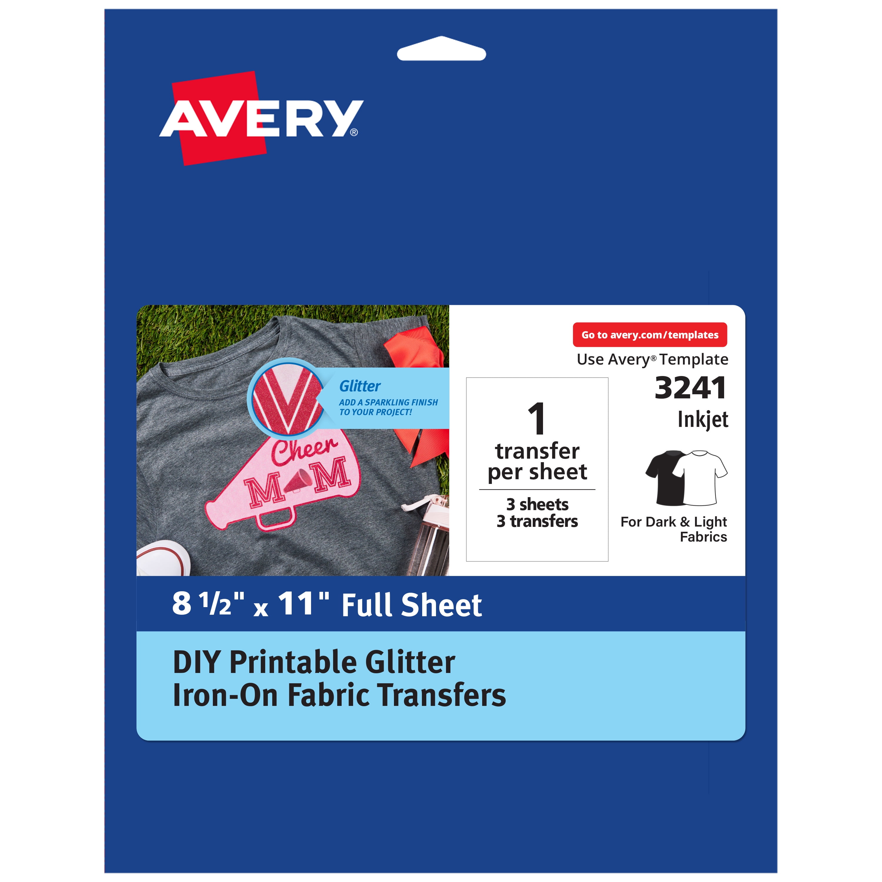 Avery Glitter Fabric Transfer Paper, 8.5" x 11", MessFree White