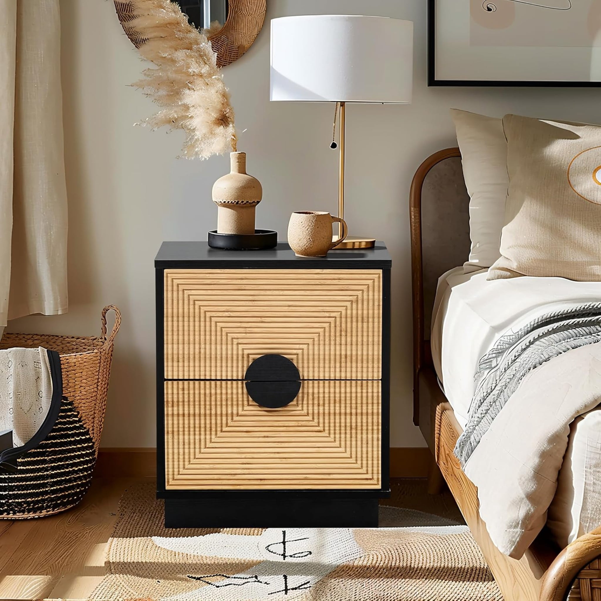 LuxenHome 20.5"H Night Stand, Mid Century Modern Nightstand with 2 Drawers, Boho Bedside Table with Bamboo Strips Pattern, Black