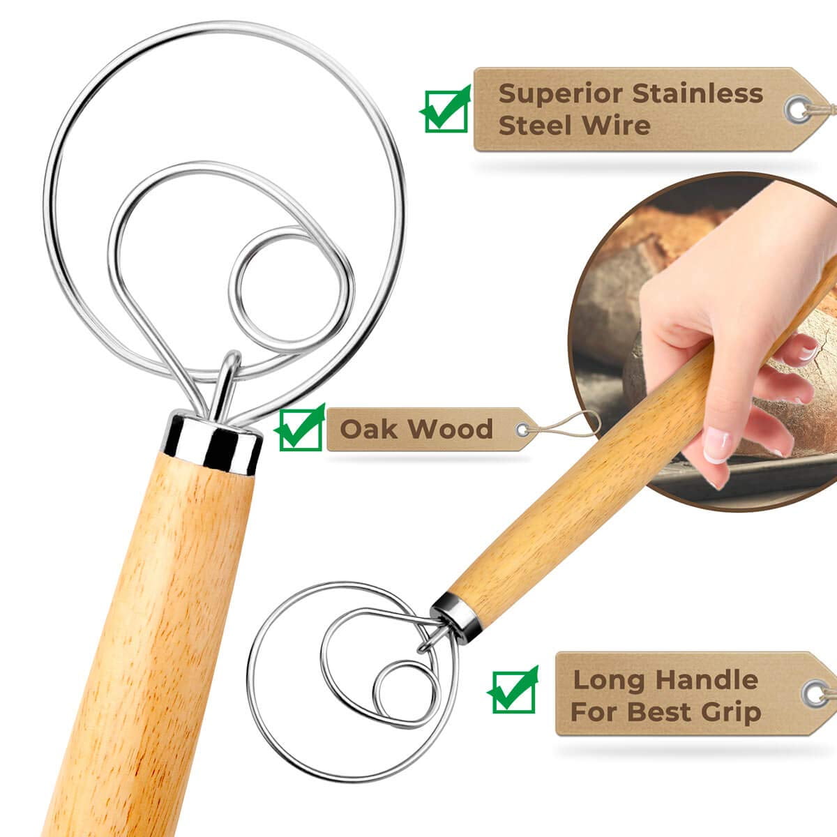 Premium Danish Dough Whisk 2 Pack LARGE 13.5" Dutch Whisk with