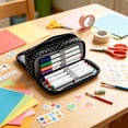 thumbnail image 6 of Large Pencil Case Big Capacity Pencil Pouch with 3 Compartments Canvas Pen Bag Marker Pen Bag Pencil Case for Women Black Polka Dot, 6 of 7