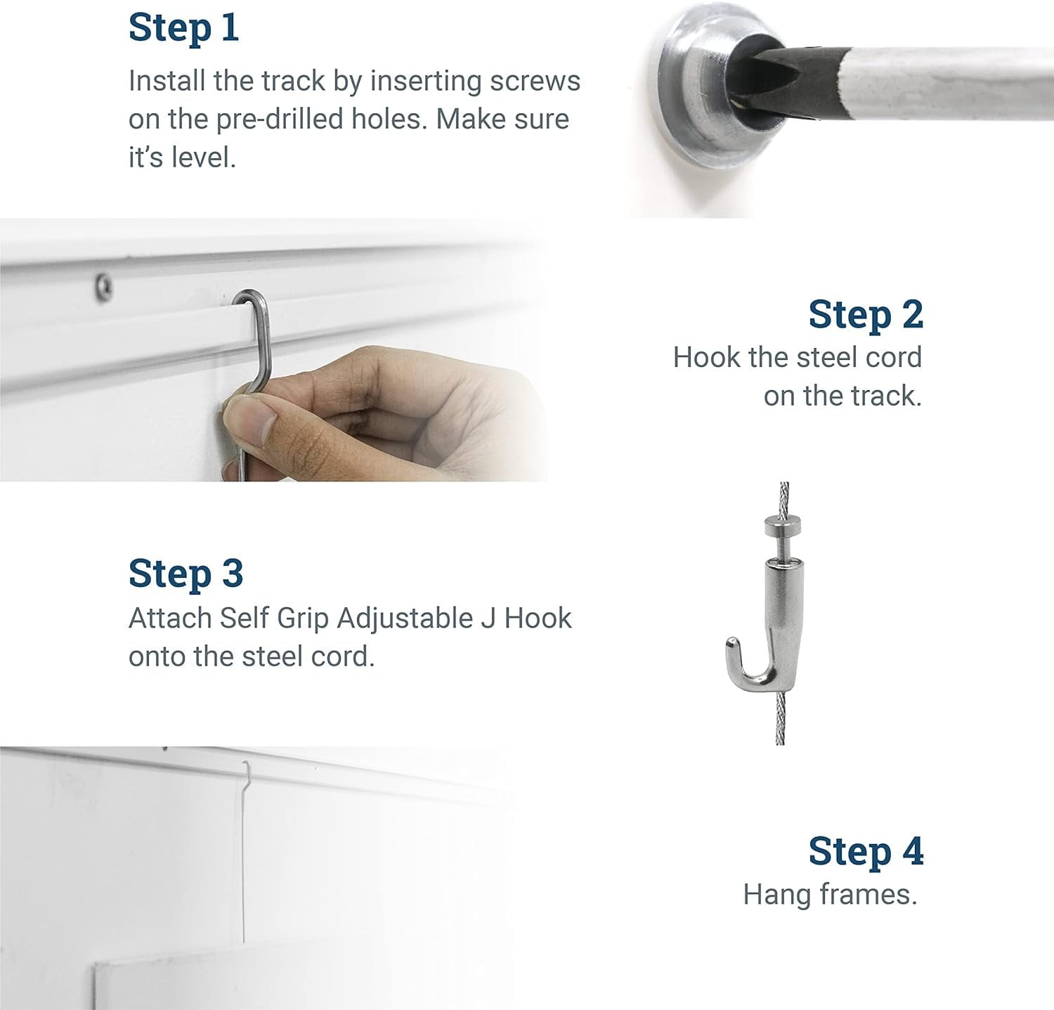 Picture Hang Solutions - Track 101 Picture Rail Kit - Includes 79-inch Wall Track, Steel Cords, Adjustable Hooks, and Hardware - Gallery Hanging Systems 2 sets per pack