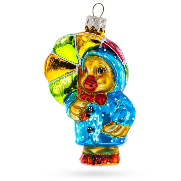 Duckling with Polka Dot Raincoat and Umbrella Glass Christmas Ornament