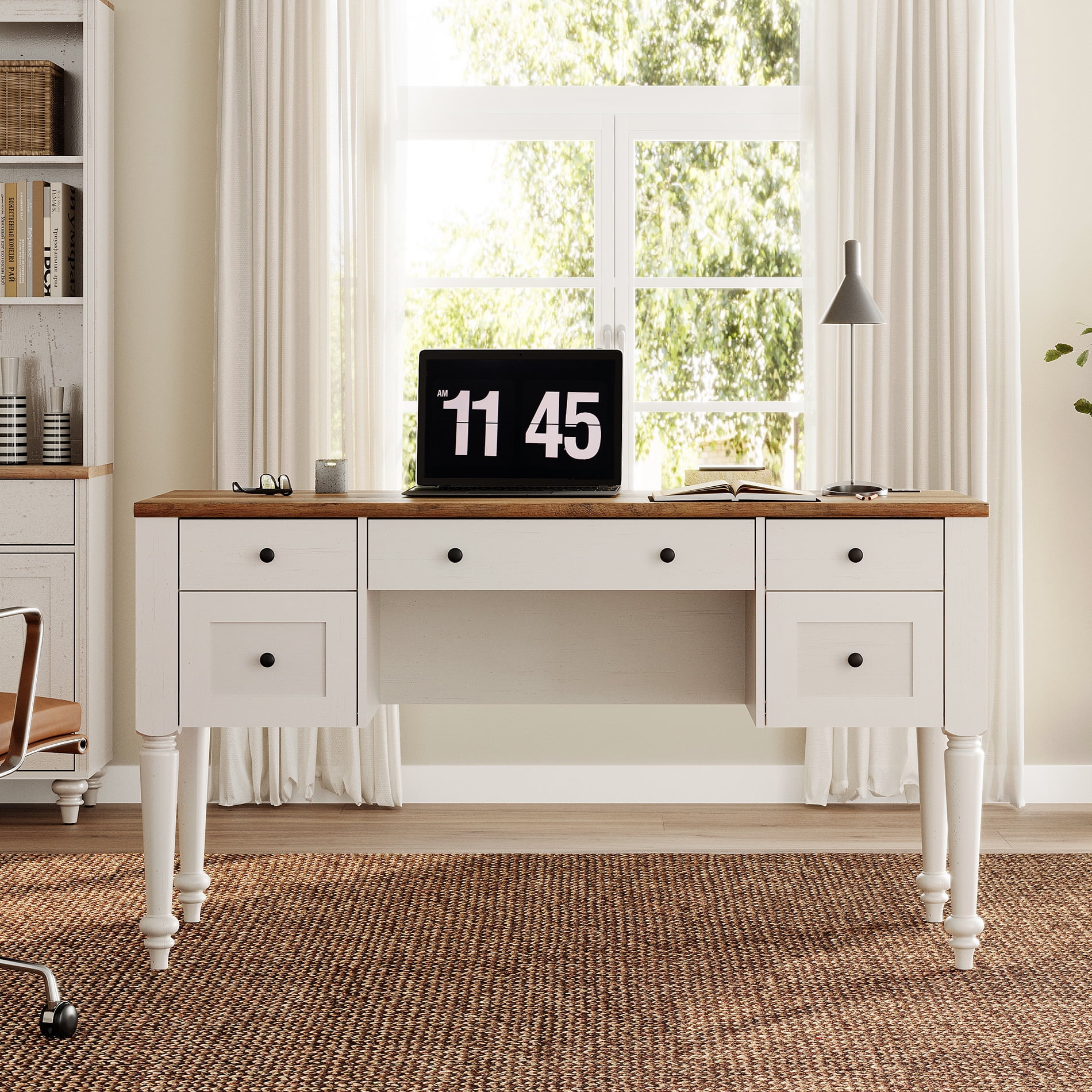 WAMPAT Farmhouse Desk, Executive Home Office Desk, Charging