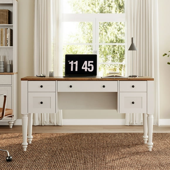 WAMPAT Bureau Style Ferme, Bureau Exécutif pour Bureau à Domicile, Station de Recharge, Bureau d'Ordinateur en Bois, 5 Tiroirs, Rangement pour Classeur, Porte, Étagère Ouverte, Étude et Travail, Brun&Blanc