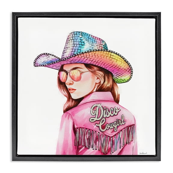Stupell Industries Pink Disco Cowgirl People Painting Black Floater Framed Canvas Art Print Wall Art, 18 x 18