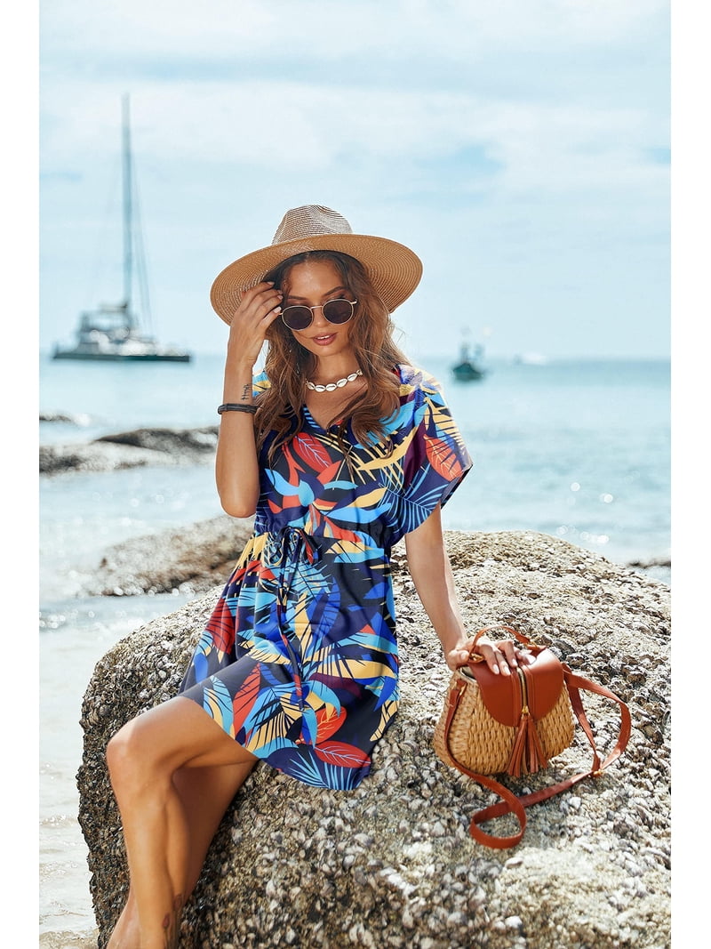flowy beach cover up dress Ekouaer Women's Cover Ups Casual Swimsuit Coverups Flowy Tie Waist Beach  Cover Up Dress