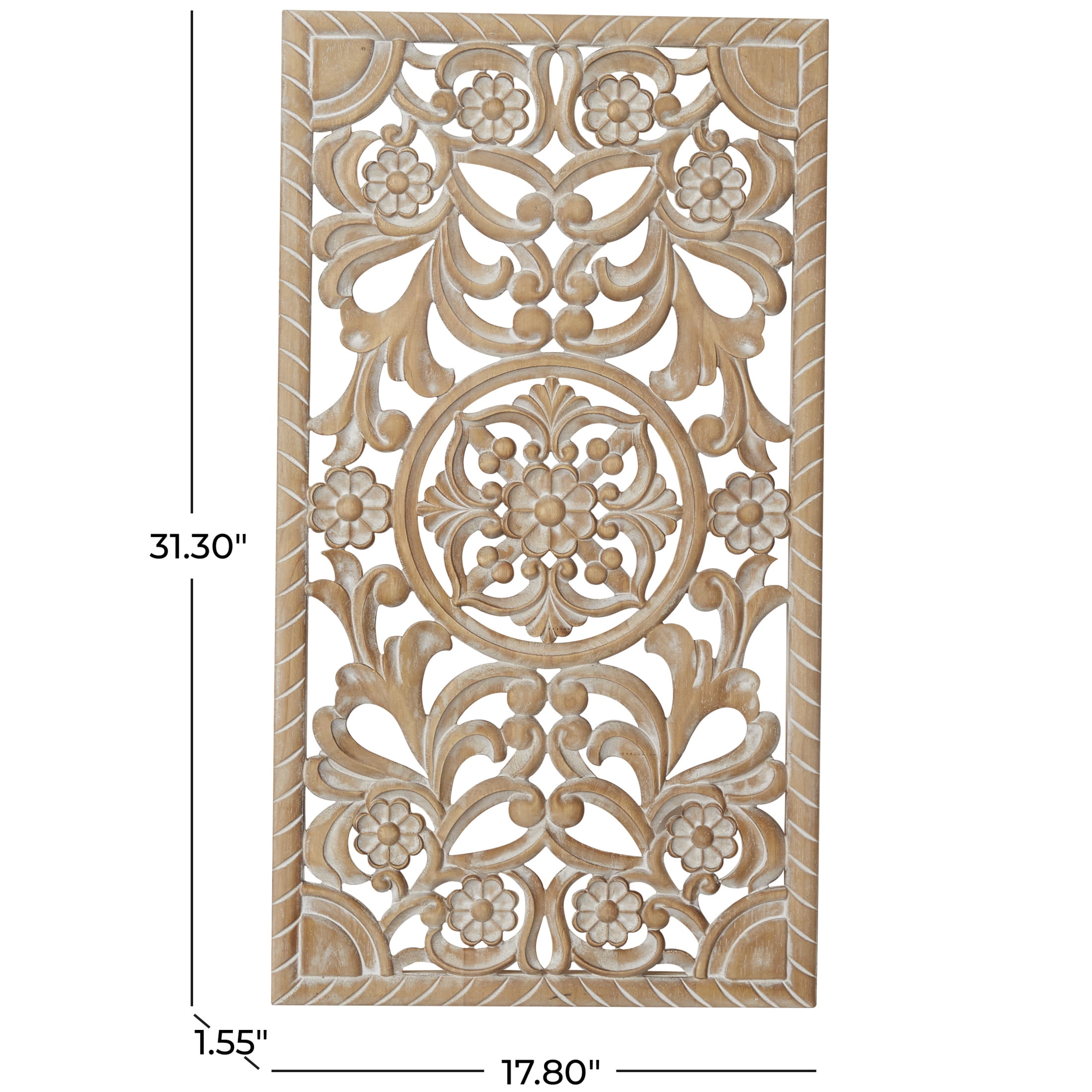 DecMode Brown Wood Handmade Intricately Carved Floral Wall Decor