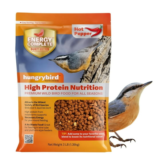 Hungrybird Energy Complete, 3lbs - High-Protein Hot Pepper Suet Bites for Outside Wild Birds