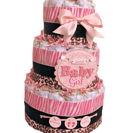 Pink & Brown Cheetah Theme Baby Girl 3 Tier Diaper Cake