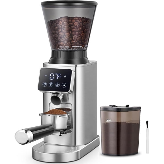 Sunmaki Electric Burr Coffee Grinder, 24 Grind Settings, LED Control Panel, Anti-Static Design, Silver