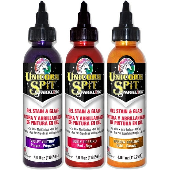 Unicorn SPiT Sparkling - Gel Stain & Glaze - 4oz Sunset Sparkle Collection - Violet Vulture, Dolly Firebird, Golden Gosling