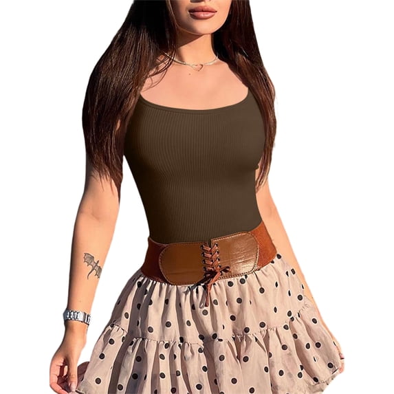 Biekopu Women's Ribbed Bodysuits, Sleeveless Scoop Neck Solid Color Shapewear Leotard Cami Tops