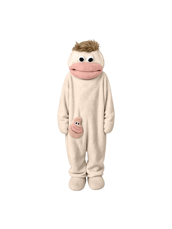 Unisex Beige Funny Big-Mouth Monster Footed Onesie, Cozy Fluffy Coral Fleece Couple Sleep Jumpsuit, Cartoon Hooded Loungewear for Halloween & All Winter Indoor Use,Beige,L