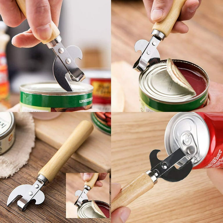 QXPDD Manual Can Opener with Wooden Handle Stainless Steel Convenient and  Durable Manual Opener for Beer Bottle Household Kitchen Gadget Silver