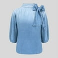 thumbnail image 2 of VIWORLD Women's Spring & Fall Denim Style Blouse - Puff Sleeve Design with Stand Collar & Bow Detail Light Blue，2XL, 2 of 9