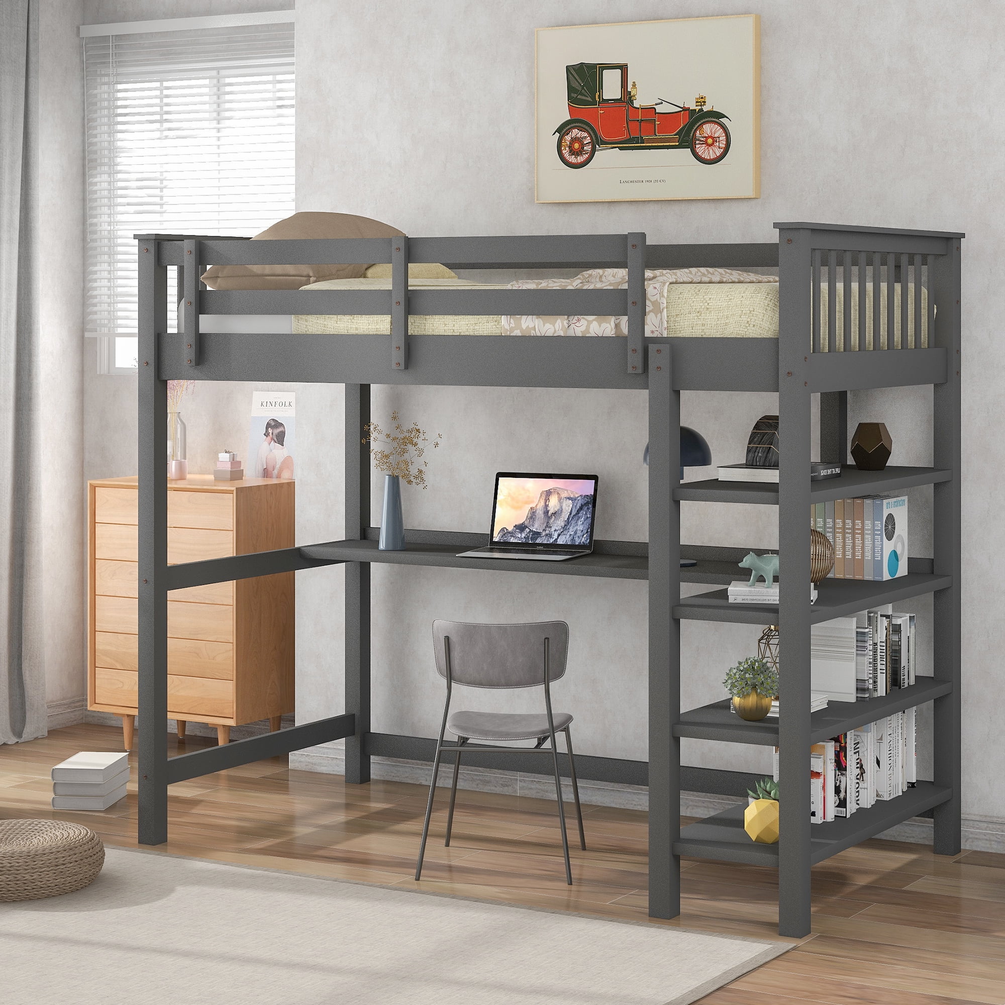 Euroco Wood Twin Size Loft Bed With, Twin Size Loft Bed With Desk And Storage
