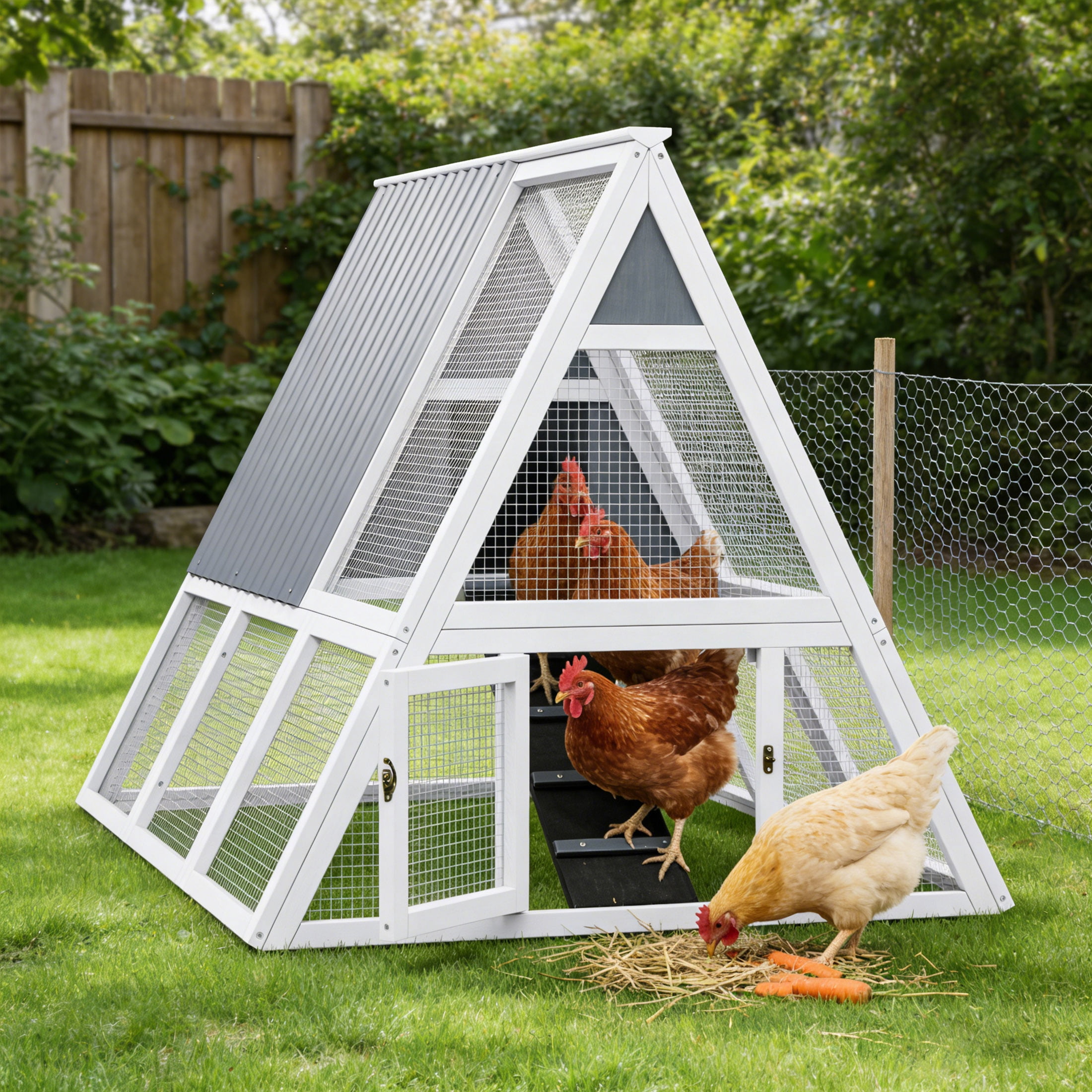 Large Weatherproof Triangular Chicken Coop with Nesting Box & Tray, Spacious Run, White and Gray