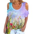 thumbnail image 1 of Top informal suelto con hombros descubiertos y cuello redondo con estampado de manga corta para mujer a la moda Pompotops hkajfhjk463907, 1 of 5