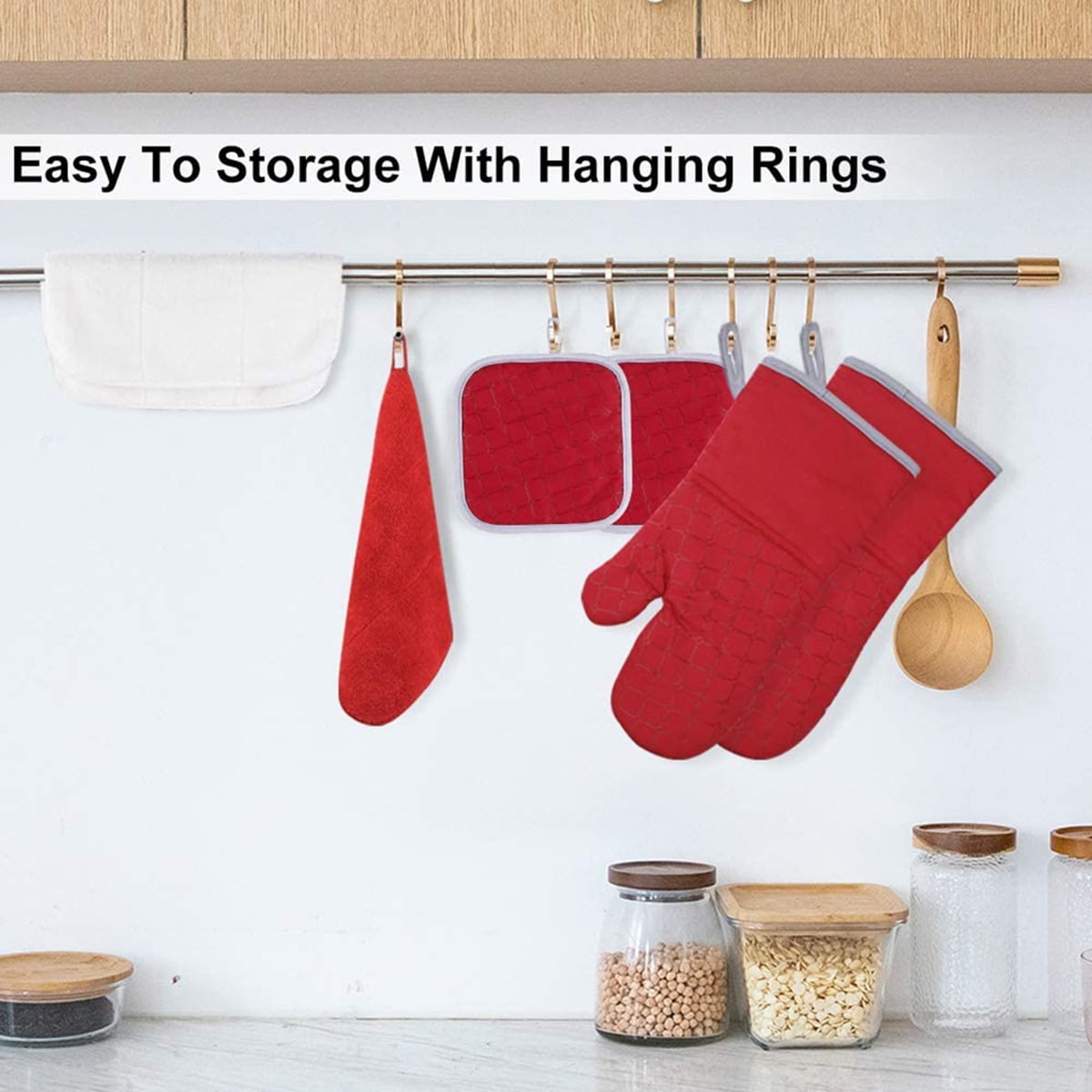 6Pcs Kitchen Oven Mitts, Cotton Oven Gloves with Pot Holders & Towels for Baking Cooking BBQ