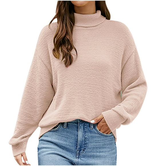 Fall Crewneck Women's Fashion Long Sleeves Round-Neck Loose Pullover Tops Blouse Knitted Sweater Light Sweaters for Women Fall S-228 Pink-A M