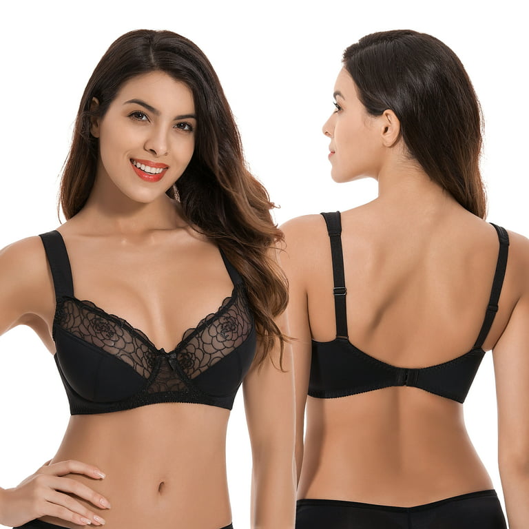 Curve Muse Plus Size Unlined Minimizer Underwire Bra with Embroidery Lace-3  Pack-BLACK-PINK-GREY-34B 