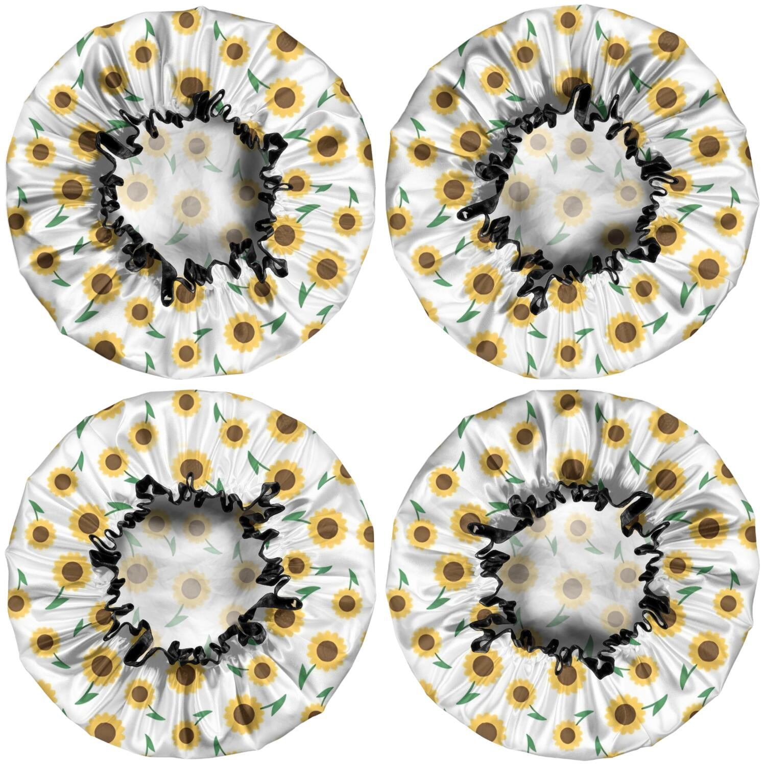 Shower Caps,White Green Stem Sunflower Pattern Waterproof Shower Cap for Women 4 Pieces,Double Reusable Hair Cover for Shower PEVA Elastic Stretch Hem