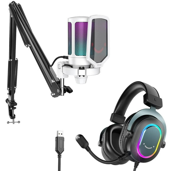 FIFINE Streaming Gaming RGB USB Microphone Headset Bundle, PC Condenser Mic Wired Headset on PS4/PS5, Gamer Kit Plug and Play for Music Recording, Online Game, Discord,