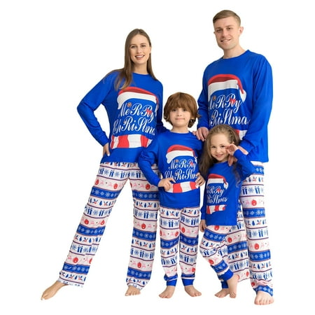 

TSEXIEFOOFU Christmas Family Matching Pajamas Long Sleeve Letter Printed Plaid Tops + Elastic Waist Long Pants Sleep Wear Set