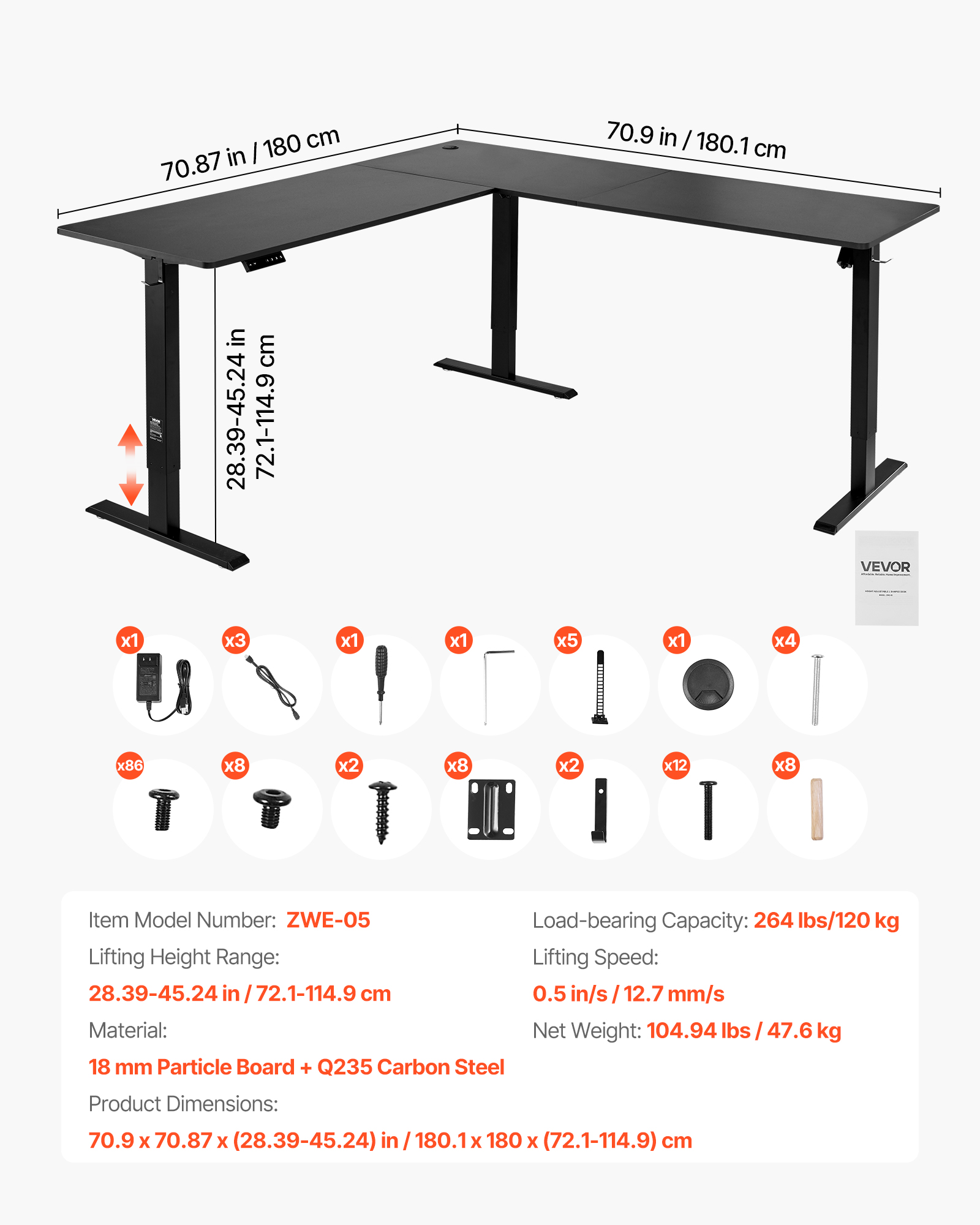 VEVOR L Shaped Desk, Electric Adjustable Height Corner Gaming Desk with Dual Hooks, Heavy Duty Carbon Steel L-Shaped Computer Table with Power Outlets for Home, Office, Study, Easy to Assemble